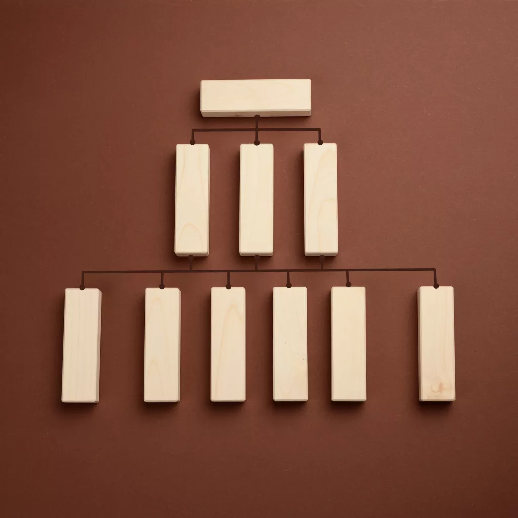 Blocks with figures on a brown background, hierarchical organizational structure of management