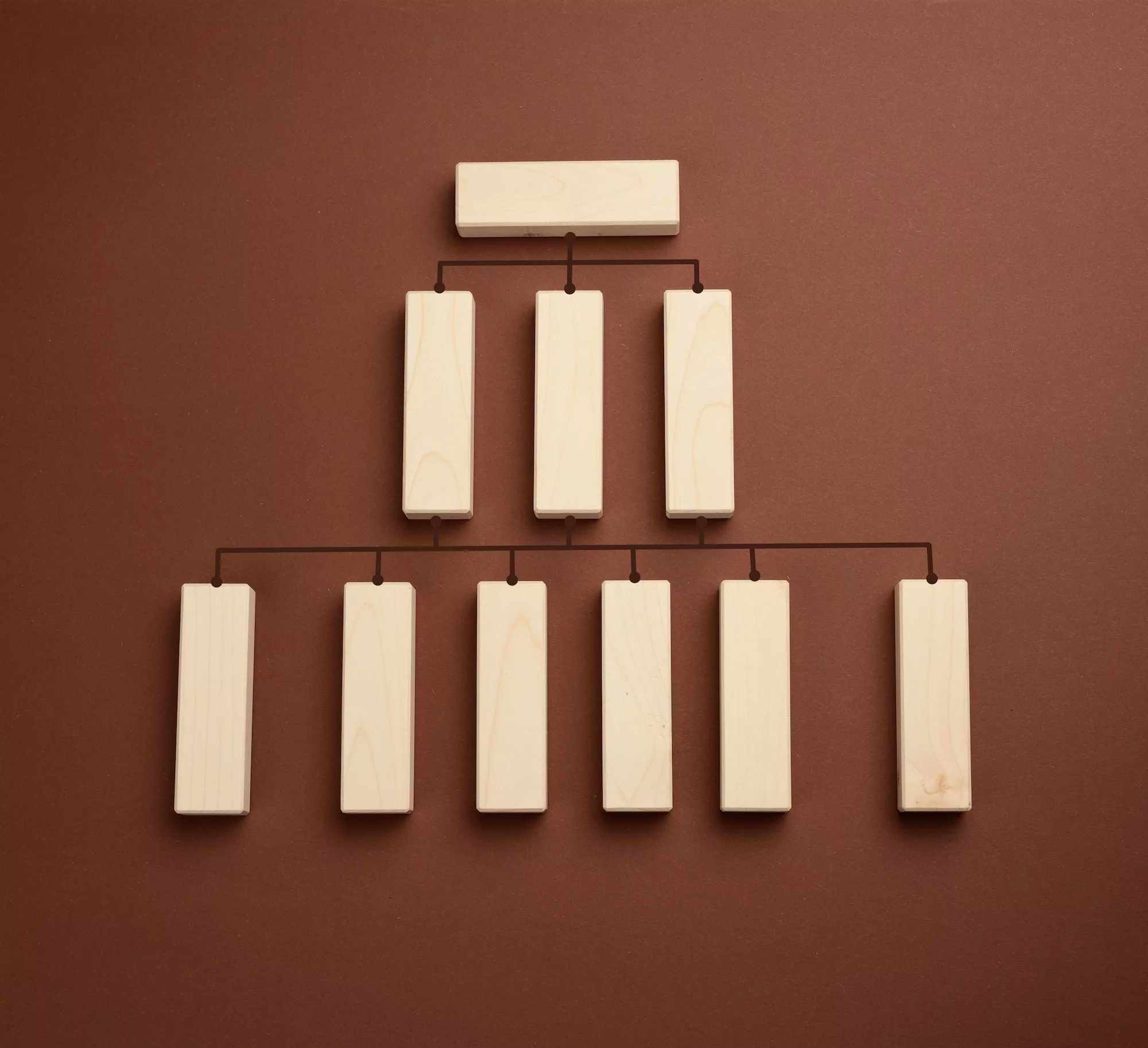 Blocks with figures on a brown background, hierarchical organizational structure of management